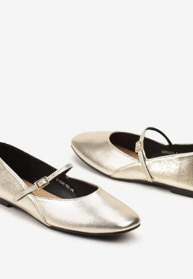 Złote Balerinki Mary Jane na Płaskiej Podeszwie z Paskami na Sprzączki Zinitia