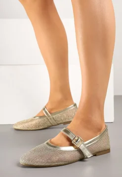 Złote Balerinki Vices w Stylu Mary Jane z Siateczki z Metalicznym Połyskiem Kolarilia