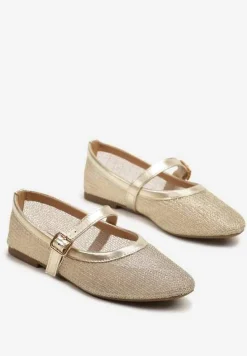 Złote Balerinki Vices w Stylu Mary Jane z Siateczki z Metalicznym Połyskiem Kolarilia