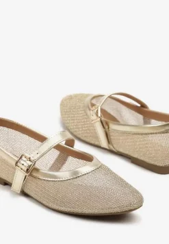 Złote Balerinki Vices w Stylu Mary Jane z Siateczki z Metalicznym Połyskiem Kolarilia
