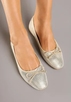 Złote Balerinki Vices z Ozdobną Kokardą i Tłoczeniem Typu Skóra Węża Tultewia