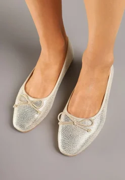 Złote Balerinki Vices z Ozdobną Kokardą i Tłoczeniem Typu Skóra Węża Tultewia