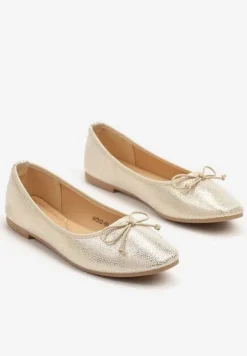 Złote Balerinki Vices z Ozdobną Kokardą i Tłoczeniem Typu Skóra Węża Tultewia