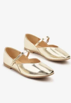 Złote Balerinki Vices z Paseczkiem ze Sprzączką i Ozdobnym Przeszyciem Desorila