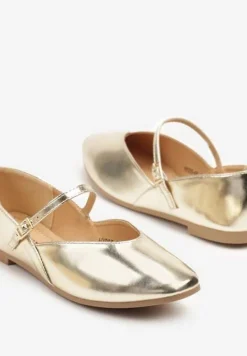 Złote Balerinki Vices z Paseczkiem ze Sprzączką i Ozdobnym Przeszyciem Desorila
