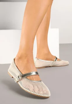 Złote Balerinki z Drobnej Siateczki z Paskiem Soldexia