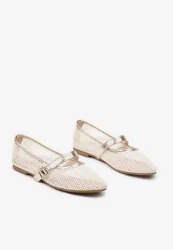 Złote Balerinki z Drobnej Siateczki z Paskiem Soldexia