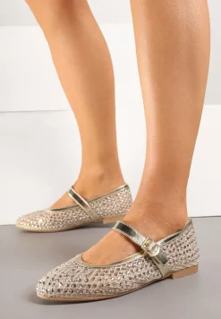 Złote Balerinki z Siateczkową Cholewką z Cyrkoniami Adislena