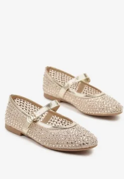 Złote Balerinki z Siateczkową Cholewką z Cyrkoniami Adislena