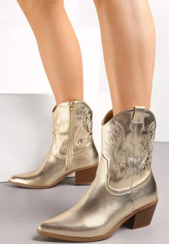 Złote Botki Kowbojki na Ściętym Obcasie z Haftowanym Zdobieniem Florienna