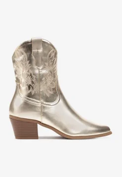 Złote Botki Kowbojki na Ściętym Obcasie z Haftowanym Zdobieniem Florienna