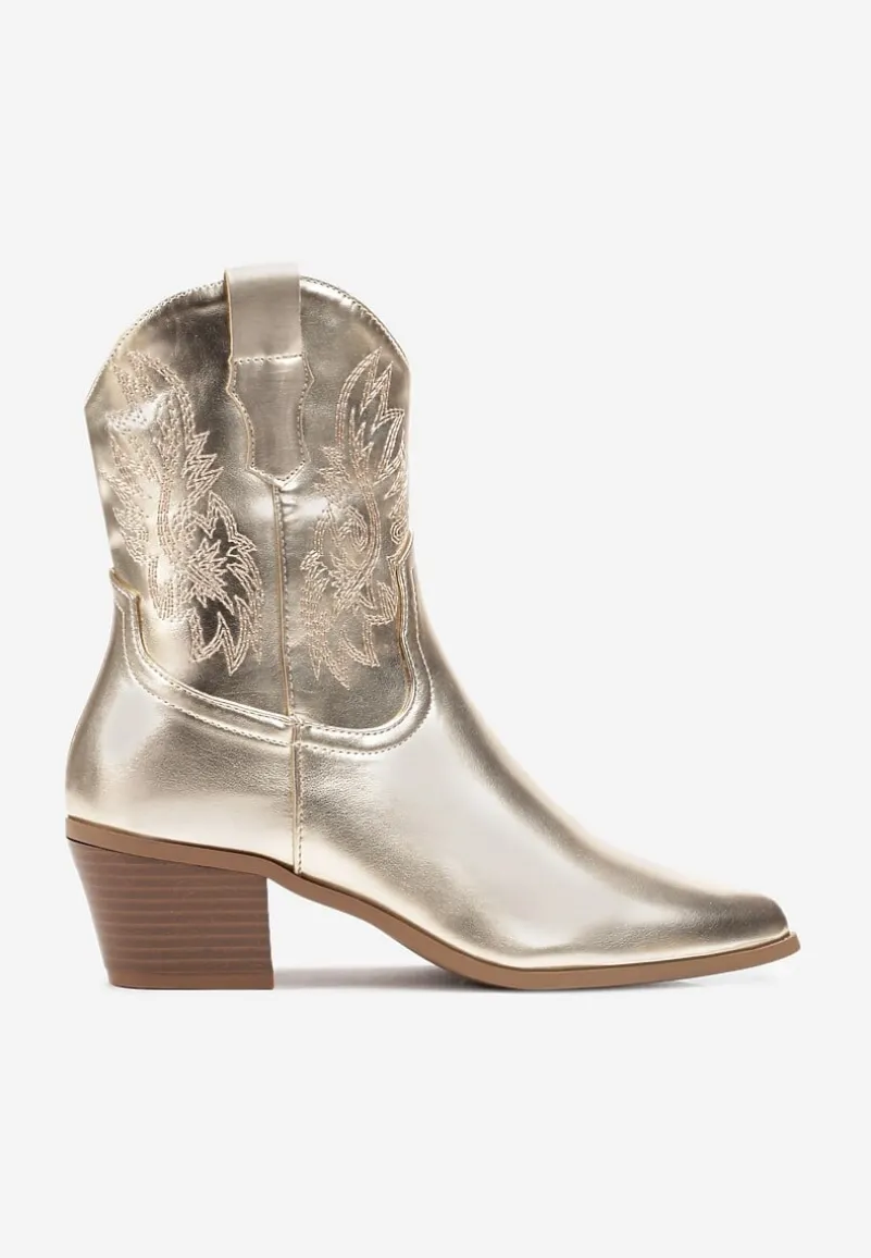 Złote Botki Kowbojki na Ściętym Obcasie z Haftowanym Zdobieniem Florienna