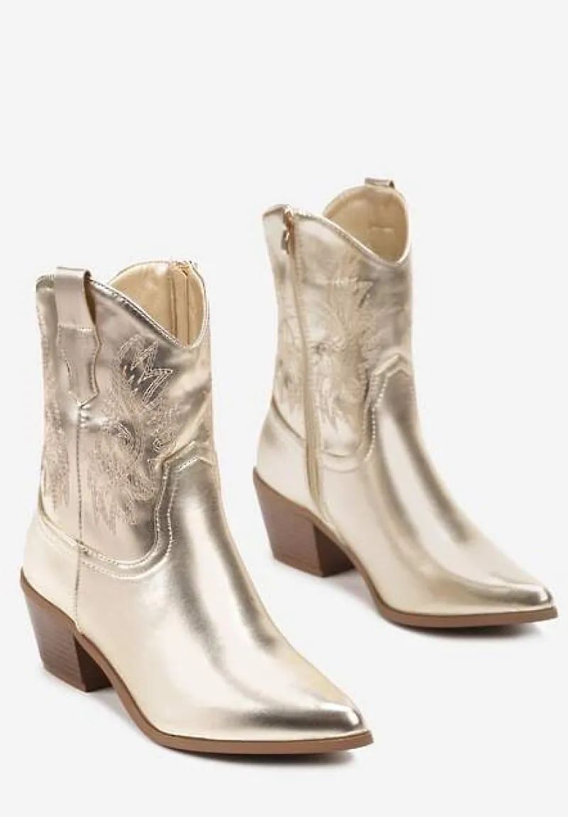 Złote Botki Kowbojki na Ściętym Obcasie z Haftowanym Zdobieniem Florienna