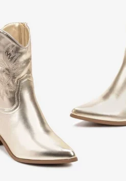 Złote Botki Kowbojki na Ściętym Obcasie z Haftowanym Zdobieniem Florienna