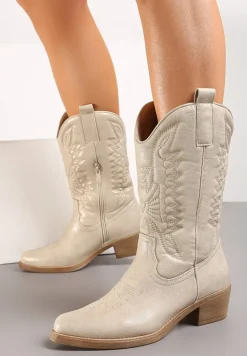 Złote Botki Kowbojki na Niskim Słupku z Ozdobnym Haftem Infavia