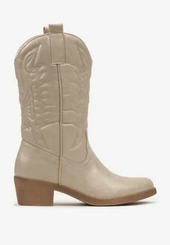 Złote Botki Kowbojki na Niskim Słupku z Ozdobnym Haftem Infavia