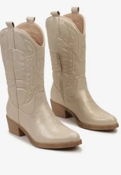 Złote Botki Kowbojki na Niskim Słupku z Ozdobnym Haftem Infavia