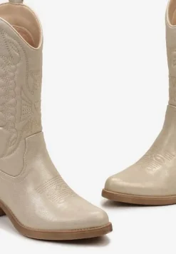 Złote Botki Kowbojki na Niskim Słupku z Ozdobnym Haftem Infavia