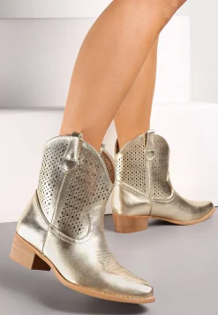 Złote Botki Kowbojki na Słupku z Ekoskóry z Ażurowym Zdobieniem Clovera