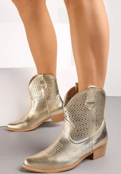 Złote Botki Kowbojki na Słupku z Ekoskóry z Ażurowym Zdobieniem Clovera