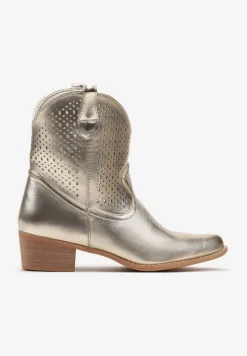 Złote Botki Kowbojki na Słupku z Ekoskóry z Ażurowym Zdobieniem Clovera
