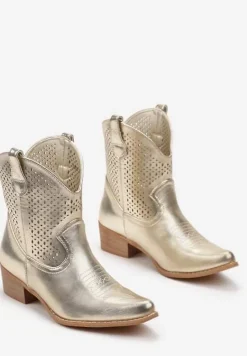 Złote Botki Kowbojki na Słupku z Ekoskóry z Ażurowym Zdobieniem Clovera