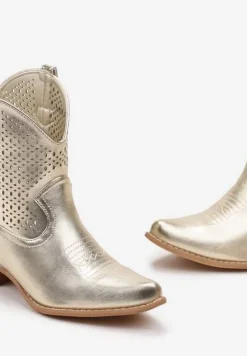 Złote Botki Kowbojki na Słupku z Ekoskóry z Ażurowym Zdobieniem Clovera
