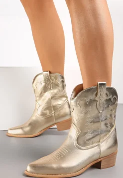 Złote Botki Kowbojki z Cholewką za Kostkę z Ekoskóry z Przeszyciami Pianse
