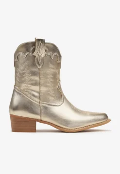 Złote Botki Kowbojki z Cholewką za Kostkę z Ekoskóry z Przeszyciami Pianse