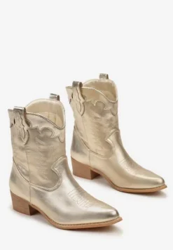 Złote Botki Kowbojki z Cholewką za Kostkę z Ekoskóry z Przeszyciami Pianse