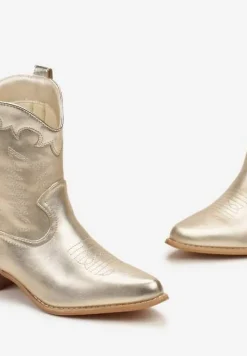 Złote Botki Kowbojki z Cholewką za Kostkę z Ekoskóry z Przeszyciami Pianse