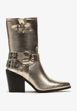 Złote Botki Kowojki na Ściętym Słupku z Klamrami i Sprzączkami Caraley