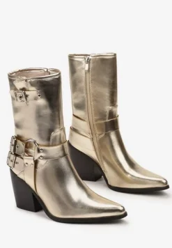 Złote Botki Kowojki na Ściętym Słupku z Klamrami i Sprzączkami Caraley