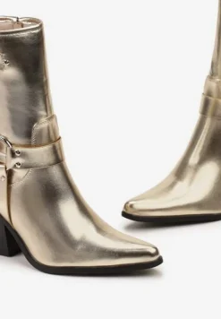 Złote Botki Kowojki na Ściętym Słupku z Klamrami i Sprzączkami Caraley