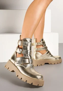 Złote Botki na Grubej Podeszwie Zdobione Wycięciami i Klamrami Seneona