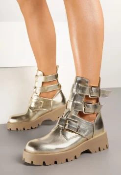 Złote Botki na Grubej Podeszwie Zdobione Wycięciami i Klamrami Seneona