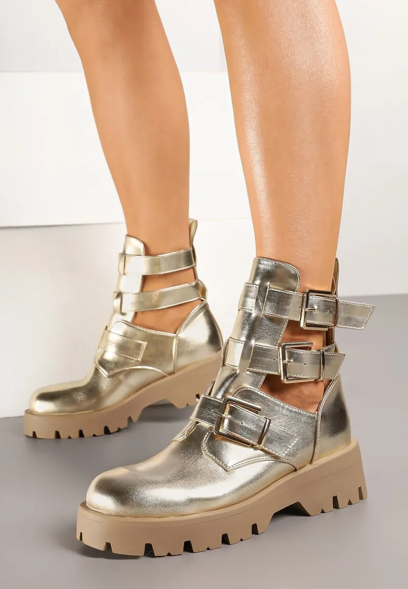 Złote Botki na Grubej Podeszwie Zdobione Wycięciami i Klamrami Seneona