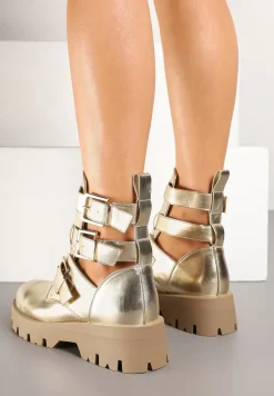 Złote Botki na Grubej Podeszwie Zdobione Wycięciami i Klamrami Seneona