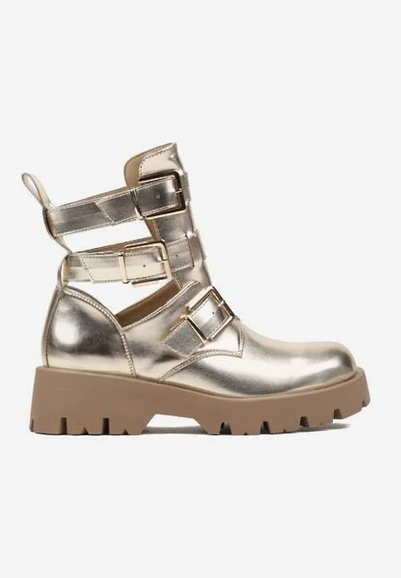 Złote Botki na Grubej Podeszwie Zdobione Wycięciami i Klamrami Seneona