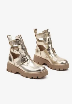 Złote Botki na Grubej Podeszwie Zdobione Wycięciami i Klamrami Seneona