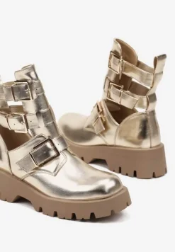 Złote Botki na Grubej Podeszwie Zdobione Wycięciami i Klamrami Seneona