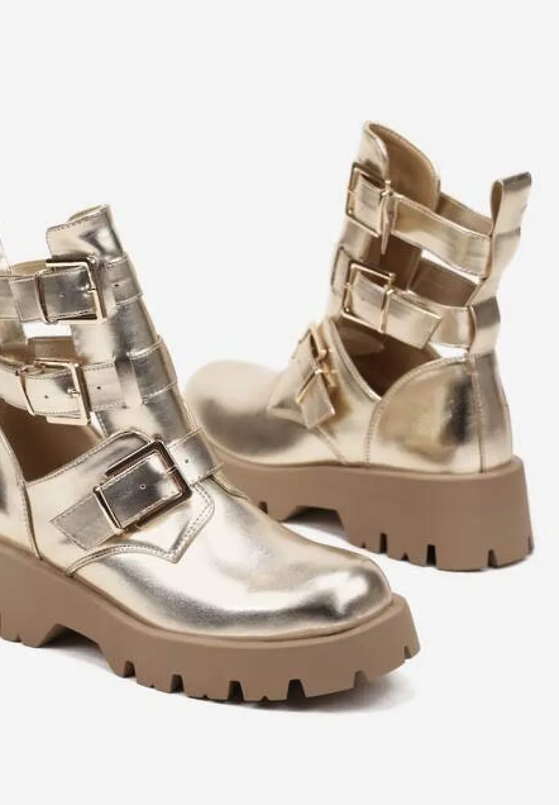 Złote Botki na Grubej Podeszwie Zdobione Wycięciami i Klamrami Seneona