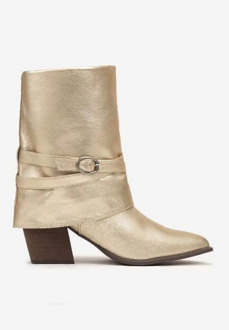 Złote Botki na Słupku z Klamrą i Wywiniętą Cholewką Nevelorae