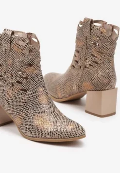 Złote Botki z Wycięciami na Cholewce na Kwadratowym Słupku Ahlaria