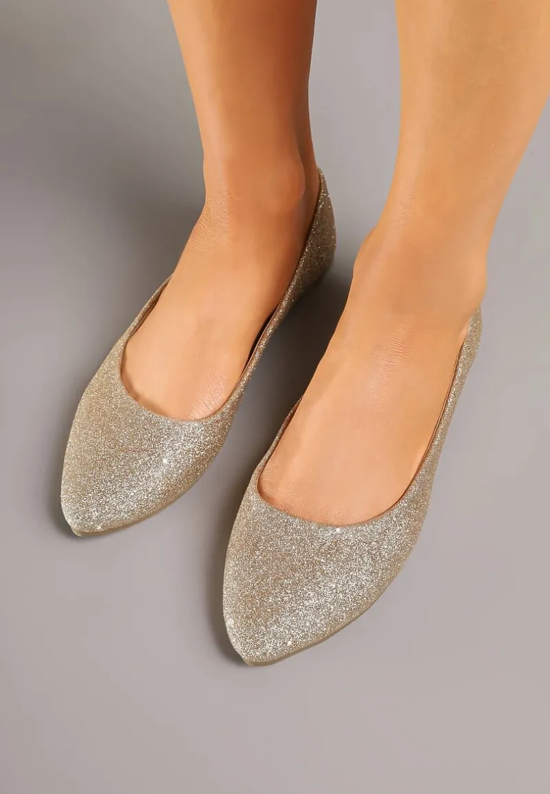 Złote Brokatowe Balerinki ze Skórzaną Wkładką Galorielia