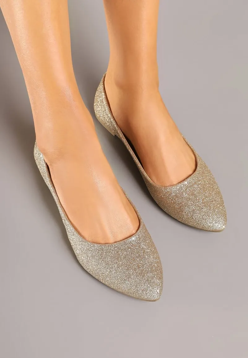 Złote Brokatowe Balerinki ze Skórzaną Wkładką Galorielia