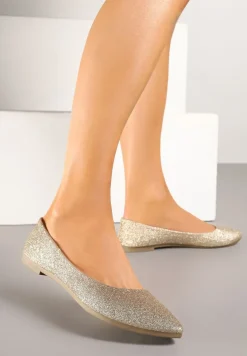 Złote Brokatowe Balerinki ze Skórzaną Wkładką Galorielia