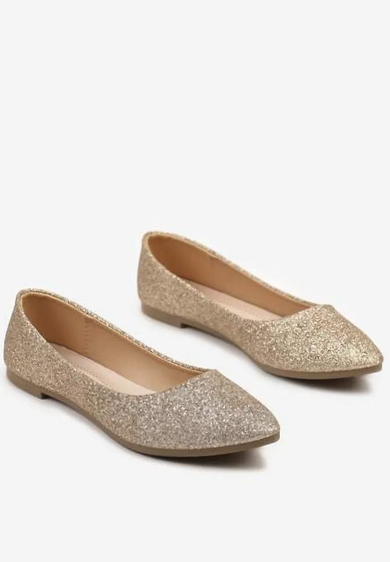 Złote Brokatowe Balerinki ze Skórzaną Wkładką Galorielia