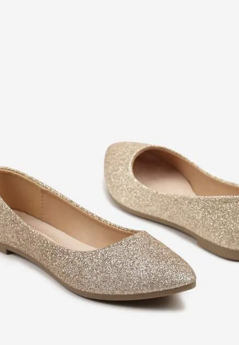 Złote Brokatowe Balerinki ze Skórzaną Wkładką Galorielia