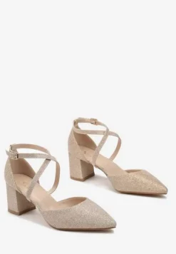 Złote Brokatowe Czółenka na Słupku ze Szpiczastym Noskiem Felaria